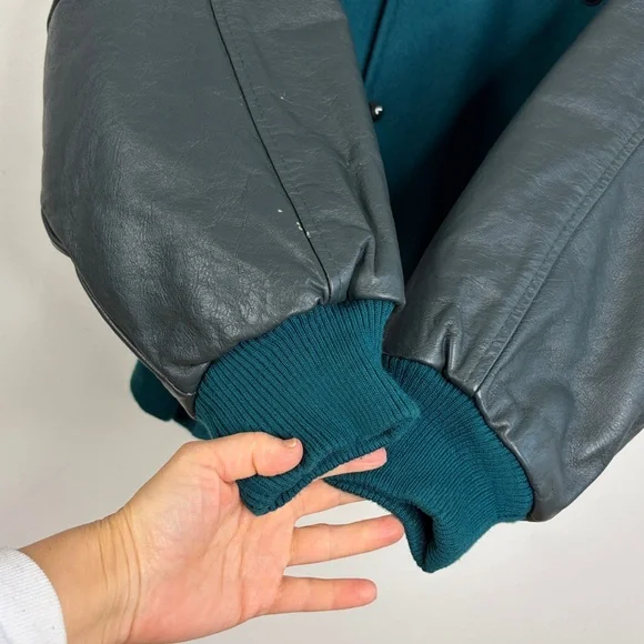 Vintage Varsity Jacket Mens Large Green Blue Wool Black Leather SPCA Dog Lover - Picture 11 of 16